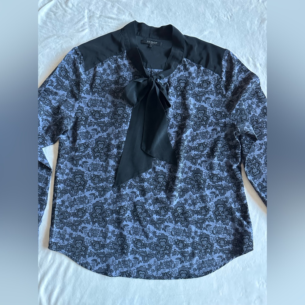 Scoop NYC Silk Large Black neck tie  Dress Top - Picture 2 of 14